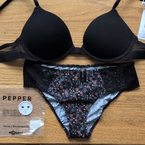 Black Push-Up Bra and Floral Print Bikini Set